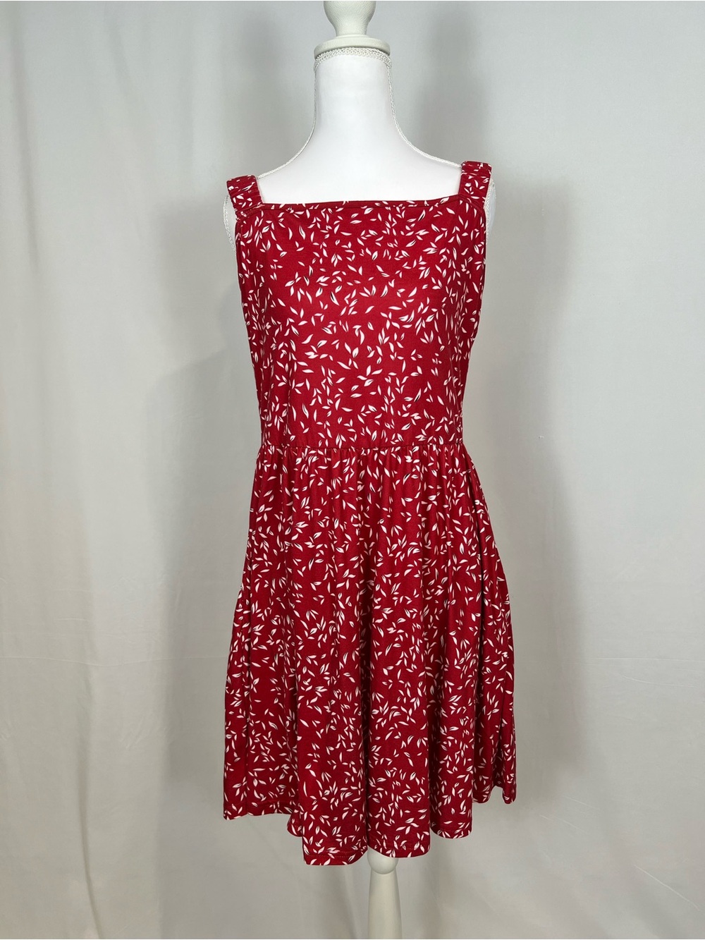 Women’s Red Floral Midi Dress with Square Neck